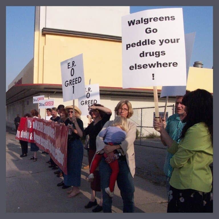 Demonstrators outside a historic building